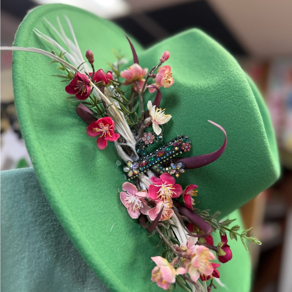 Floral Embellished Green Hat